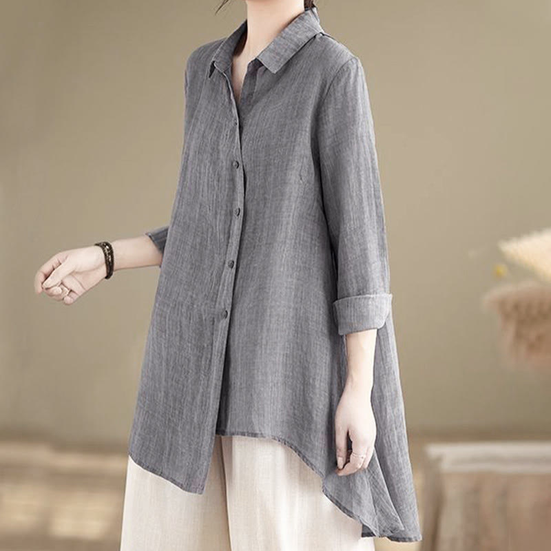 Buddha Stones Irregular Design Buttons Long Sleeve Women's Cotton Shirt - Gray - US12，UK/AU16，EU44 (3XL) - image 0