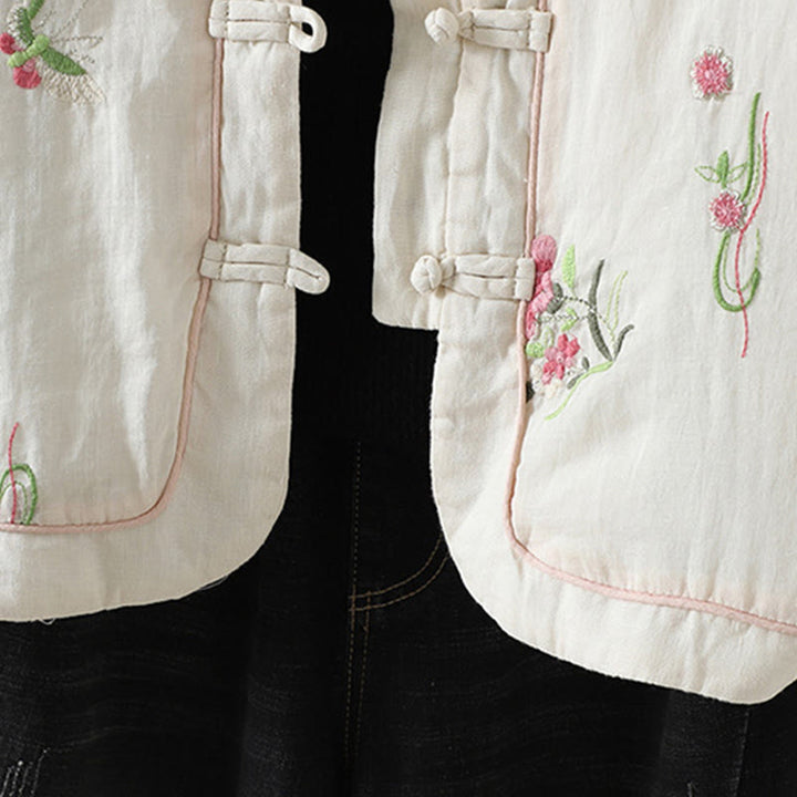 Buddha Stones Flower Embroidery Women's Long Sleeve Cotton-padded Jacket With Pockets - image 11