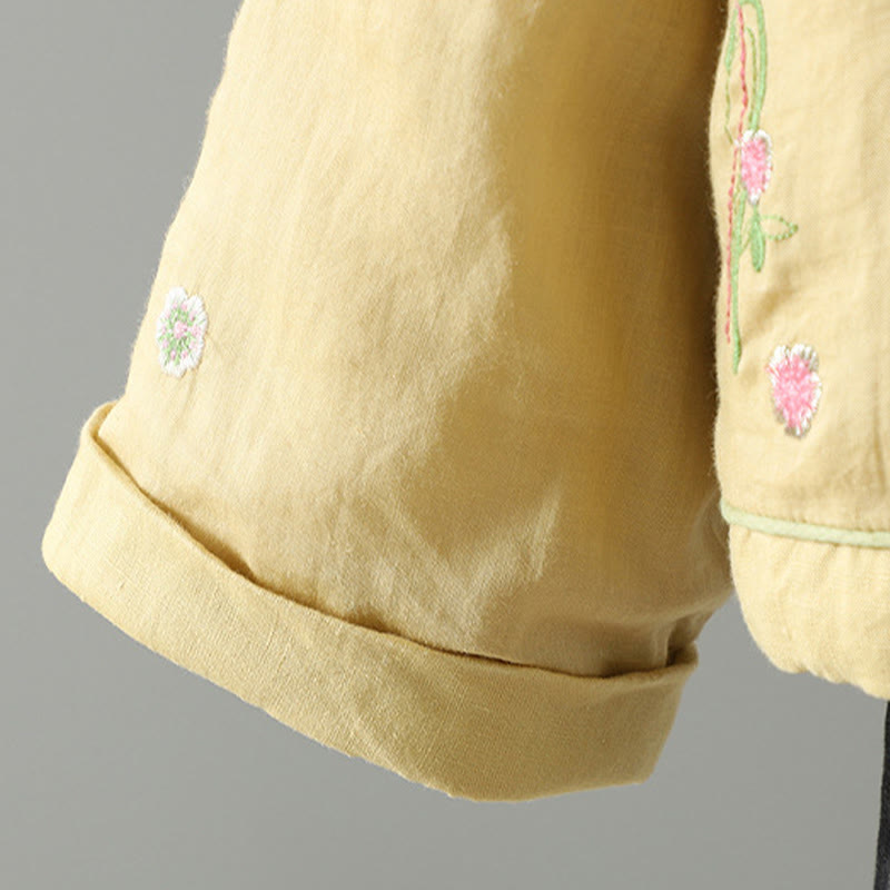 Buddha Stones Flower Embroidery Women's Long Sleeve Cotton-padded Jacket With Pockets - image 15