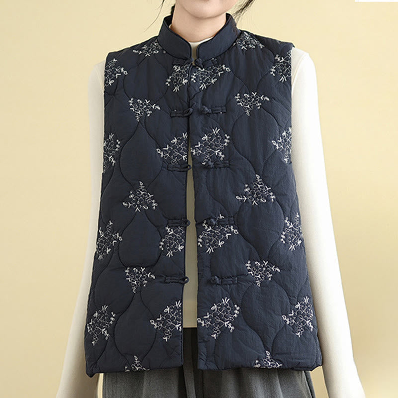 Buddha Stones Embroidered Frog-Button Women's Sleeveless Cotton Vest Waistcoat With Pockets - image 8