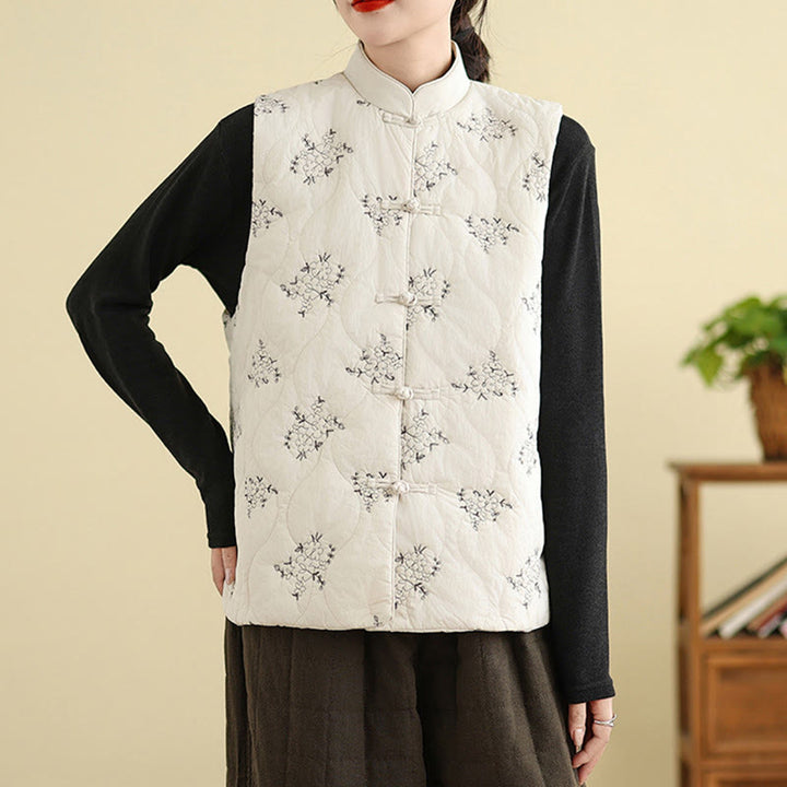 Buddha Stones Embroidered Frog-Button Women's Sleeveless Cotton Vest Waistcoat With Pockets - image 14