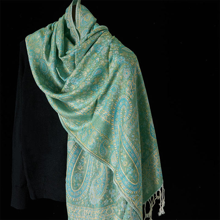 Buddha Stones Spring Green Cashew Flower Geometric Stripes Pattern Tassel Cozy Scarf Shawl - LightGreen - 170*70cm - image 6