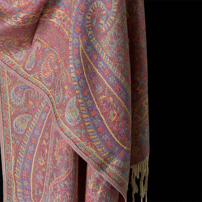 Buddha Stones Spring Red Pink Cashew Flower Geometric Stripes Pattern Tassel Cozy Scarf Shawl - image 9