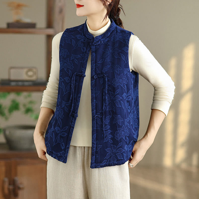 Buddha Stones Jacquard Pattern Frog-button Women's Sleeveless Cotton Vest Waistcoat With Pockets - MediumBlue - US8-10，UK/AU12-14，EU40-42 (2XL) - image 0
