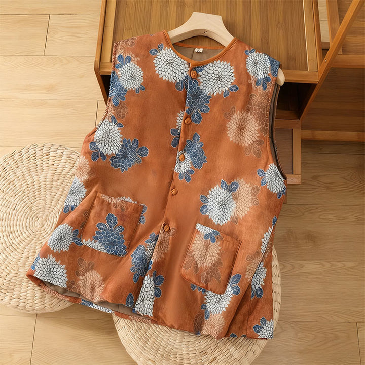 Buddha Stones Floral Prints Buttons Women's Sleeveless Cotton Vest Waistcoat With Pockets - Chocolate - US4，UK/AU8，EU36 (F) - image 0