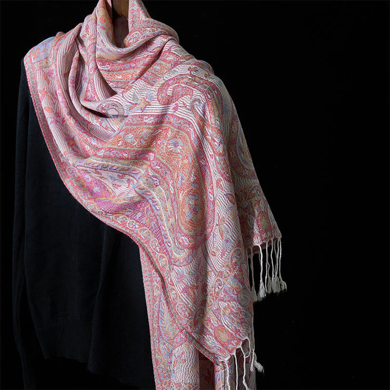 Buddha Stones Spring Cashew Flower Leaves Vines Geometric Pattern Tassel Soft Scarf Shawl - LightPink - 178*71cm - image 16