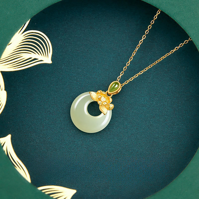 Buddha Stones 925 Sterling Silver Plated Gold Hetian Jade Lotus Luck Necklace Pendant - image 2