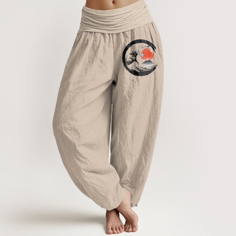 Buddha Stones Wave Sun Mountains Pattern Women's Elastic Waist Harem Pure Cotton Pants - Tan - US22，UK/AU26，EU54 (6XL) - image 11