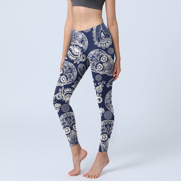 Buddha Stones Paisley Plant Skull Pattern Gym Leggings Women's Yoga Pants - Navy - US18，UK/AU22，EU50 (4XL) - image 0