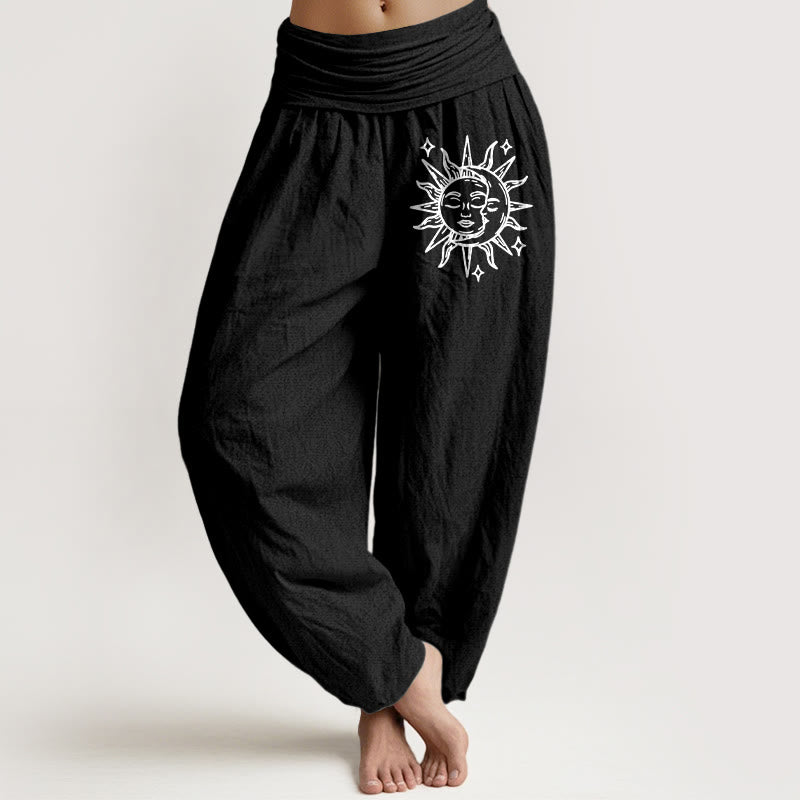 Buddha Stones Sun Moon Pattern Women's Elastic Waist Harem Pure Cotton Pants - Black - US22，UK/AU26，EU54 (6XL) - image 0