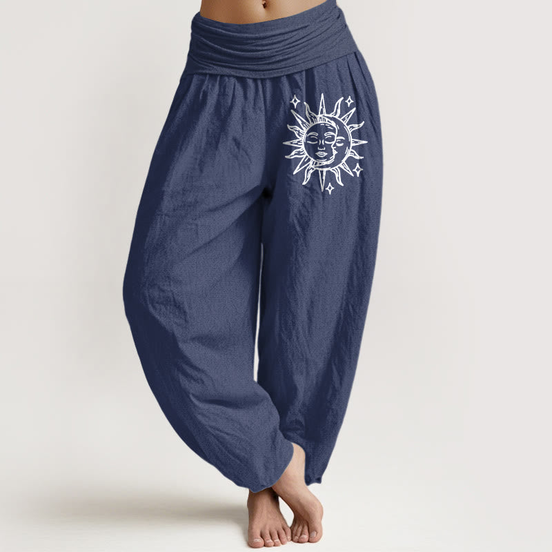 Buddha Stones Sun Moon Pattern Women's Elastic Waist Harem Pure Cotton Pants - DarkSlateBlue - US22，UK/AU26，EU54 (6XL) - image 5