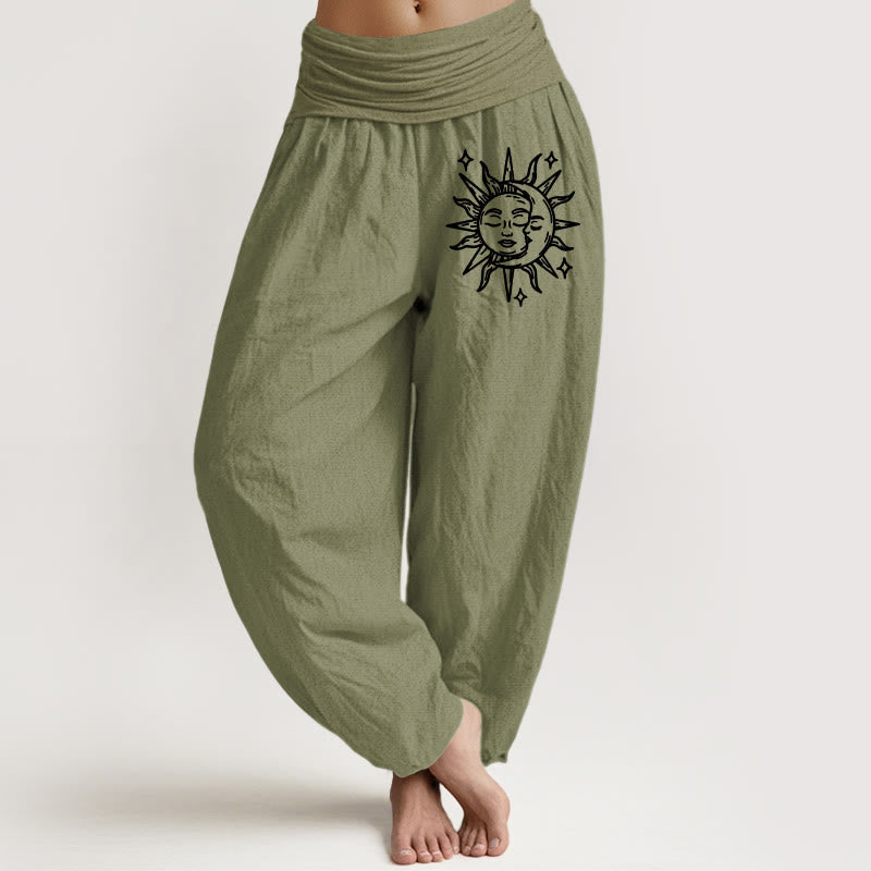 Buddha Stones Sun Moon Pattern Women's Elastic Waist Harem Pure Cotton Pants - OliveDrab - US22，UK/AU26，EU54 (6XL) - image 14