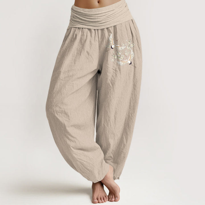 Buddha Stones Cranes Flowers Pattern Pure Cotton Women's Elastic Waist Harem Pants - Tan - US22，UK/AU26，EU54 (6XL) - image 11