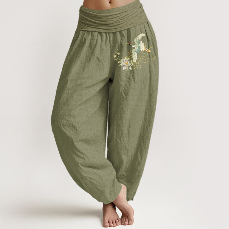 Buddha Stones Cranes Lotus Pattern Pure Cotton Women's Elastic Waist Harem Pants - OliveDrab - US22，UK/AU26，EU54 (6XL) - image 14