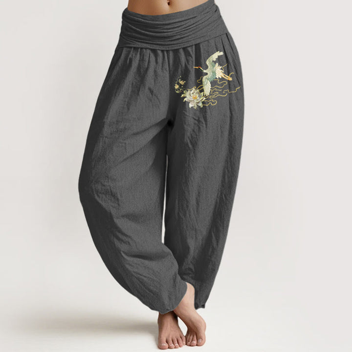 Buddha Stones Cranes Lotus Pattern Pure Cotton Women's Elastic Waist Harem Pants - Gray - US22，UK/AU26，EU54 (6XL) - image 8