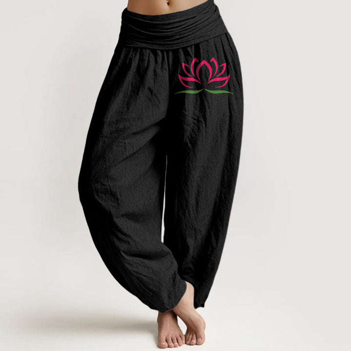 Buddha Stones Simple Design Pink Lotus Pattern Pure Cotton Women's Elastic Waist Harem Pants - Black - US22，UK/AU26，EU54 (6XL) - image 0