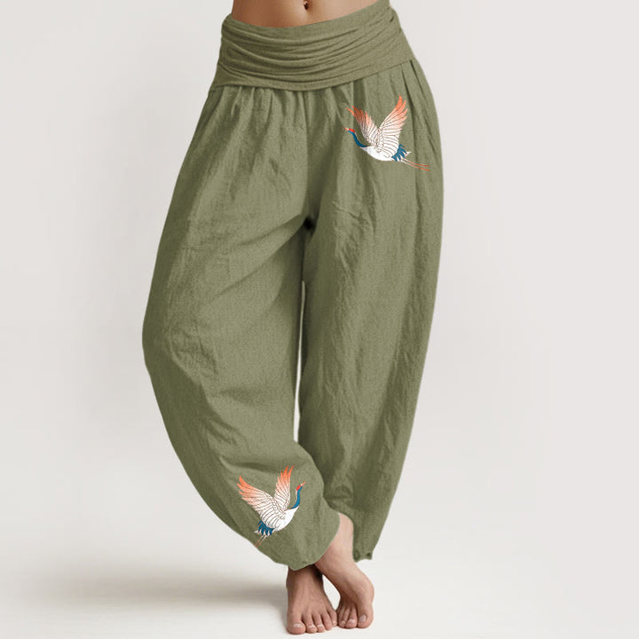 Buddha Stones Two Graceful Cranes Pattern Pure Cotton Women's Elastic Waist Harem Pants - OliveDrab - US22，UK/AU26，EU54 (6XL) - image 14