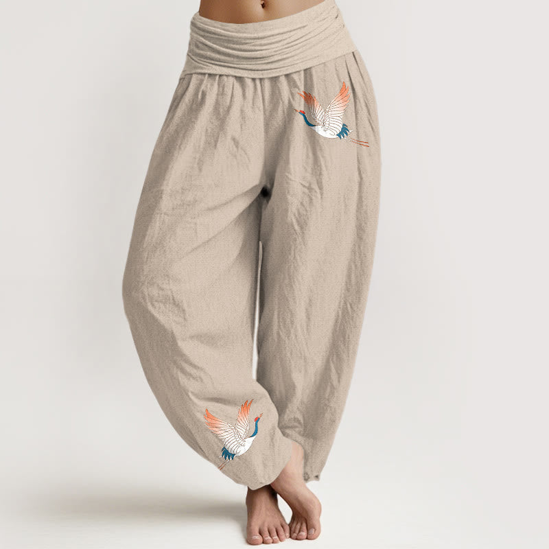 Buddha Stones Two Graceful Cranes Pattern Pure Cotton Women's Elastic Waist Harem Pants - Tan - US22，UK/AU26，EU54 (6XL) - image 11