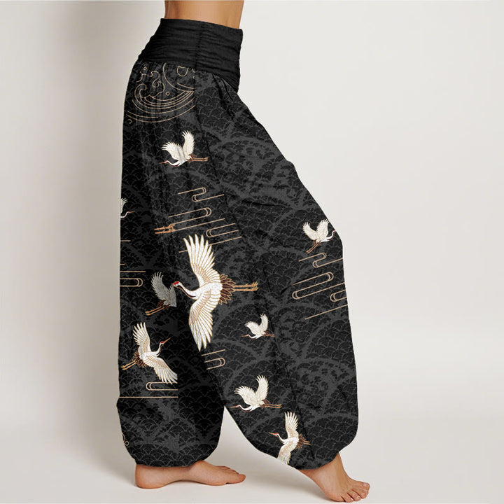 Buddha Stones Print Cranes Wave Pattern Women's Elastic Waist Harem Pure Cotton Pants - image 1