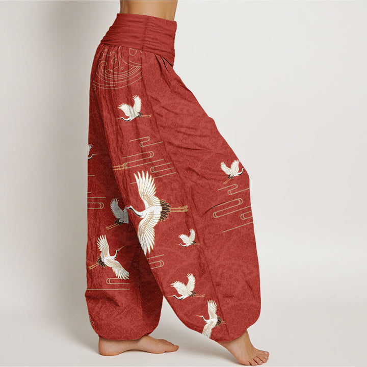 Buddha Stones Print Cranes Wave Pattern Women's Elastic Waist Harem Pure Cotton Pants - image 9