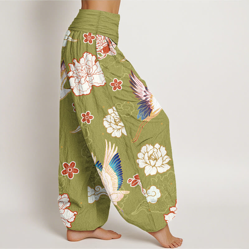 Buddha Stones Print Cranes Peonies Pattern Women's Elastic Waist Harem Pure Cotton Pants - image 9
