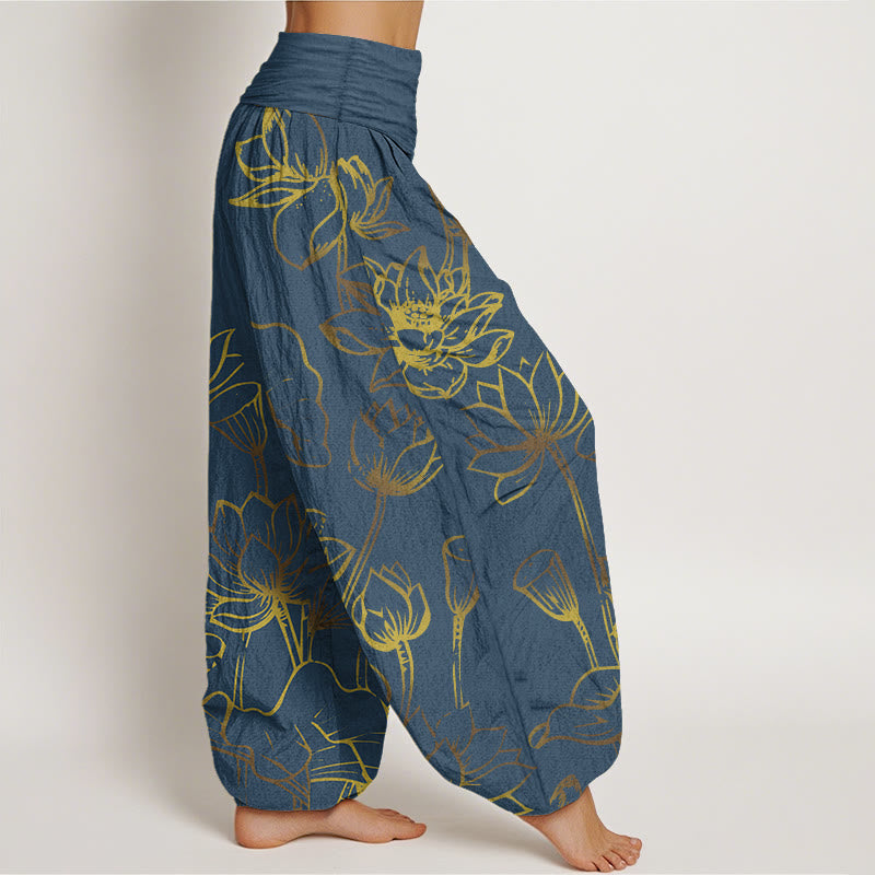 Buddha Stones Print Lotus Flowers Leaves Pattern Women's Elastic Waist Harem Cotton Pants - image 2