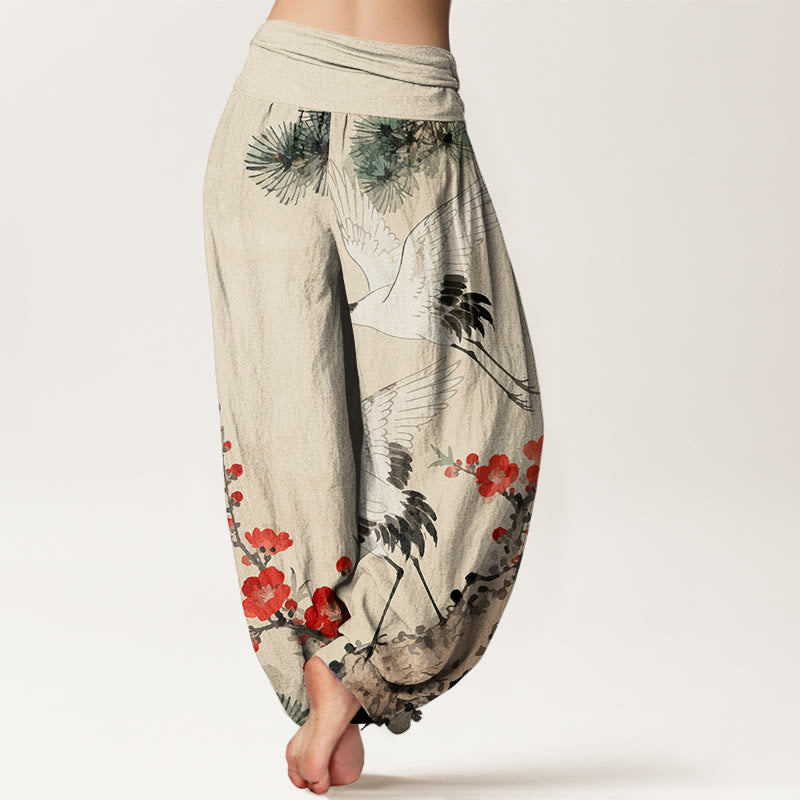 Buddha Stones Print Cranes Plum Blossoms Pattern Women's Elastic Waist Harem Cotton Pants - image 1