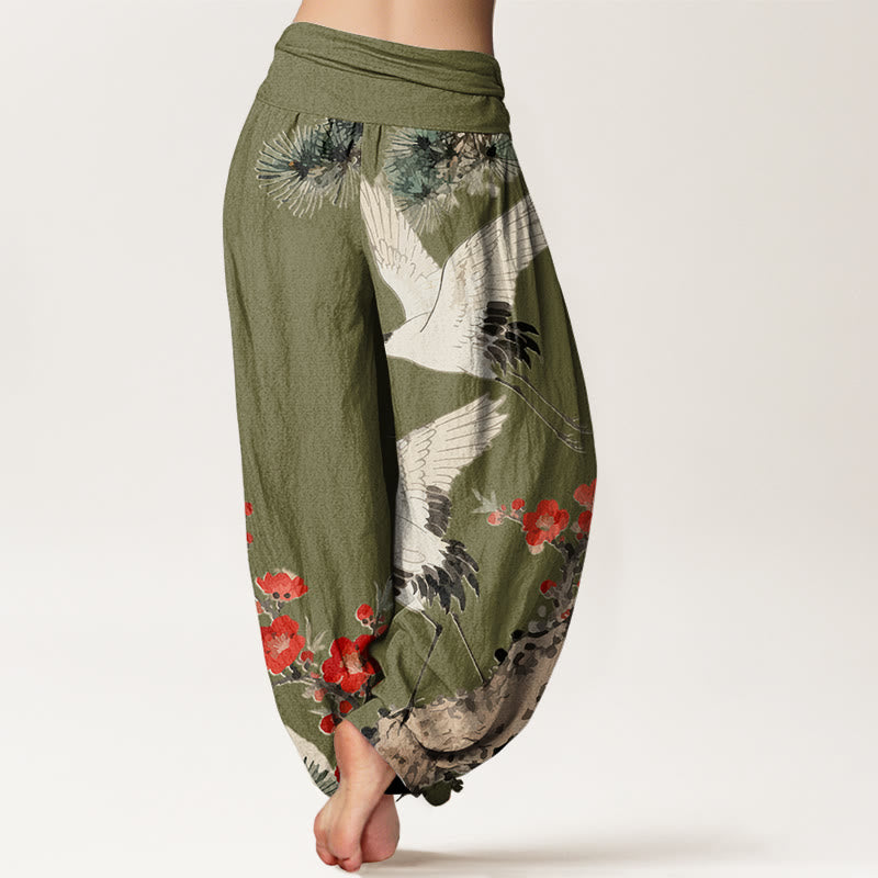 Buddha Stones Print Cranes Plum Blossoms Pattern Women's Elastic Waist Harem Cotton Pants - image 6