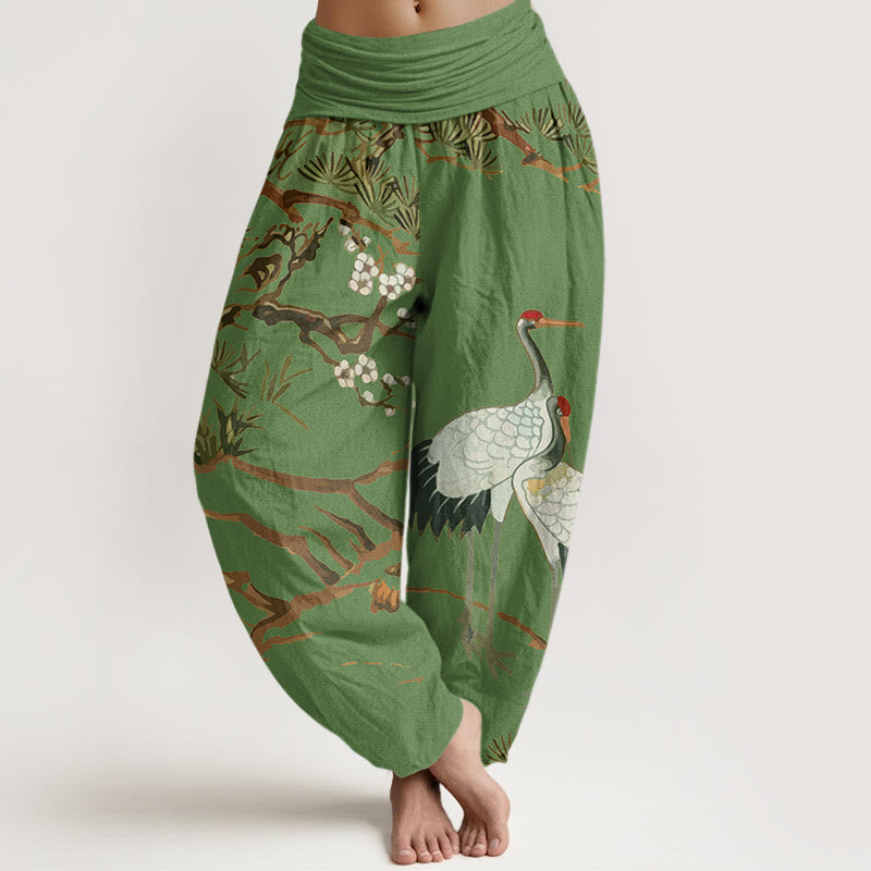 Buddha Stones Print Plum Blossoms Cranes Pine Trees Pattern Women's Elastic Waist Harem Cotton Pants - ForestGreen - US22，UK/AU26，EU54 (6XL) - image 0