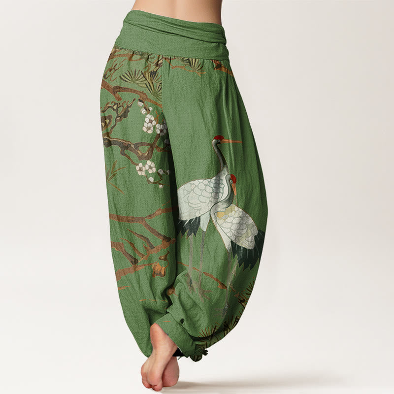 Buddha Stones Print Plum Blossoms Cranes Pine Trees Pattern Women's Elastic Waist Harem Cotton Pants - image 2