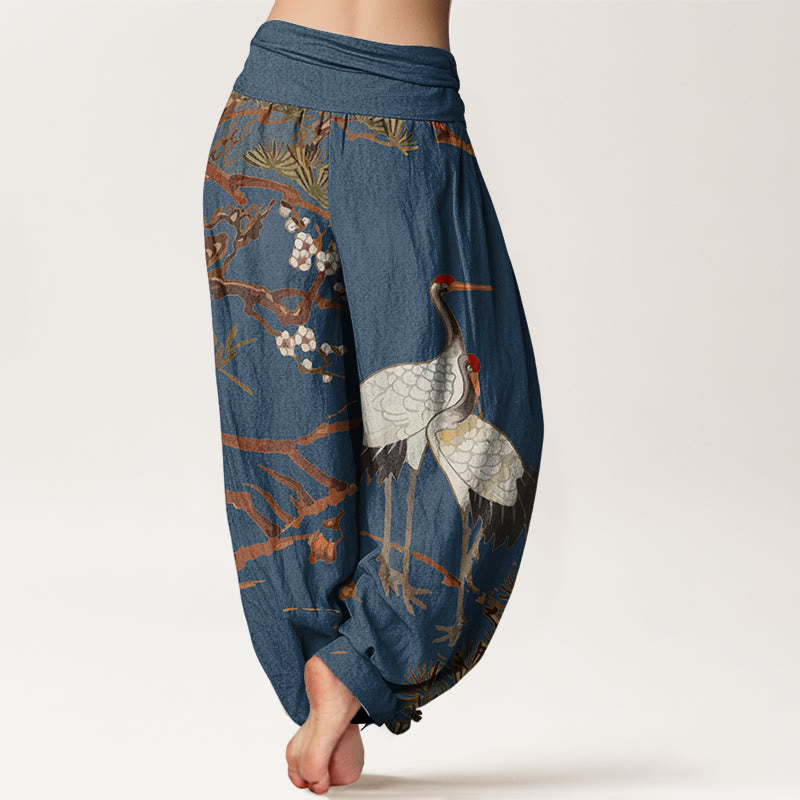 Buddha Stones Print Plum Blossoms Cranes Pine Trees Pattern Women's Elastic Waist Harem Cotton Pants - image 7