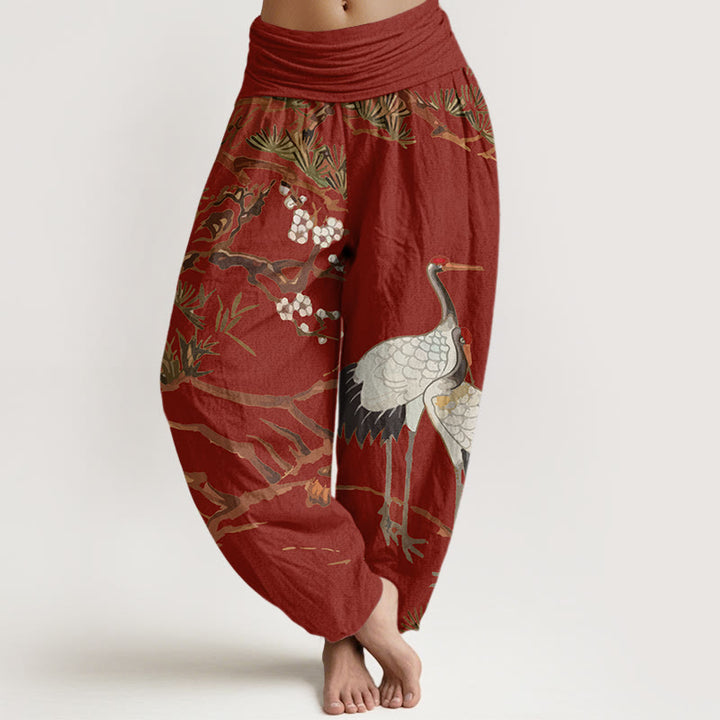 Buddha Stones Print Plum Blossoms Cranes Pine Trees Pattern Women's Elastic Waist Harem Cotton Pants - FireBrick - US22，UK/AU26，EU54 (6XL) - image 8