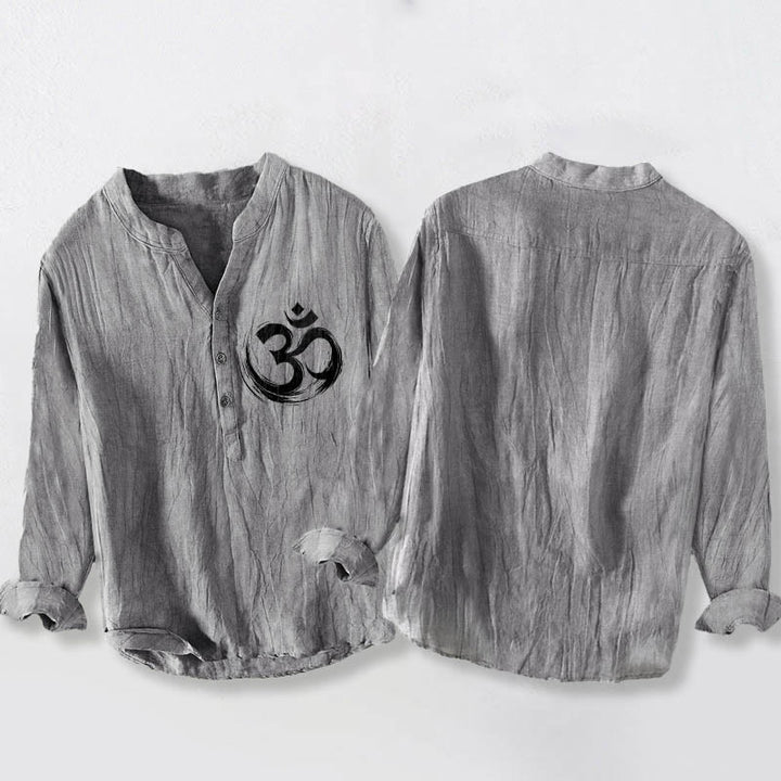 Buddha Stones Om Symbol Pattern Half Buttons Men's Cotton Linen Long Sleeve Shirt - image 2