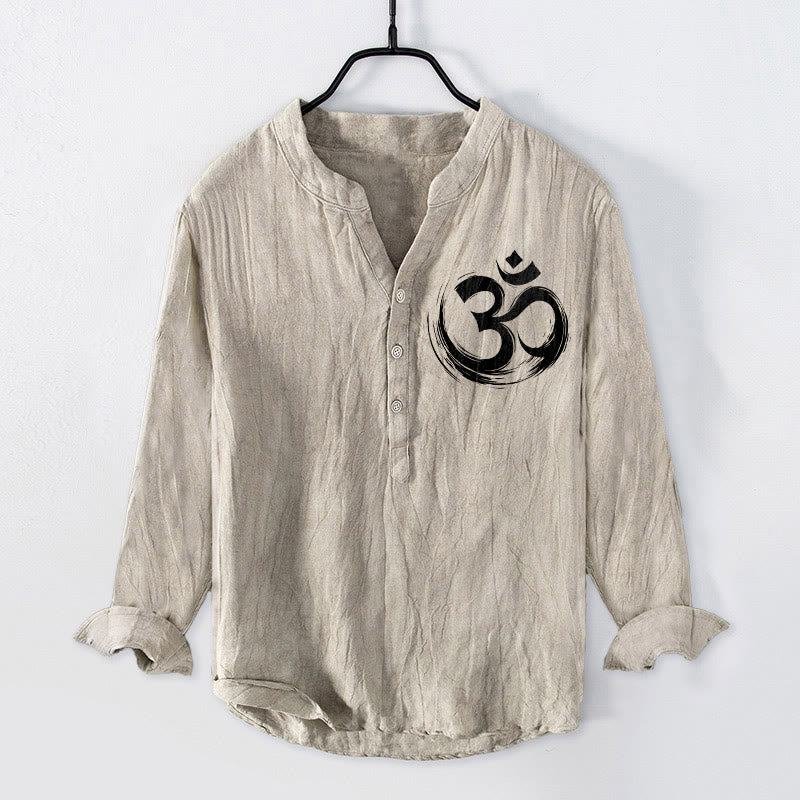 Buddha Stones Om Symbol Pattern Half Buttons Men's Cotton Linen Long Sleeve Shirt - Linen - US/UK/AU50，EU60 (5XL) - image 3