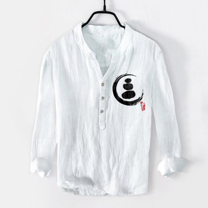 Buddha Stones Zen Stone Pattern Half Buttons Men's Cotton Linen Long Sleeve Shirt - White - US/UK/AU50，EU60 (5XL) - image 6
