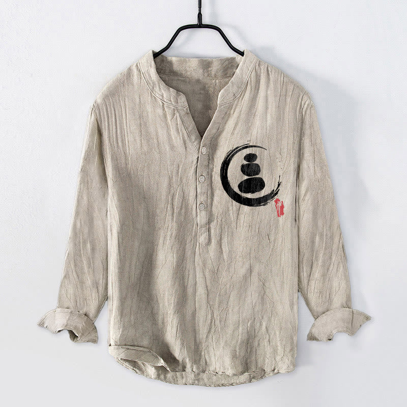 Buddha Stones Zen Stone Pattern Half Buttons Men's Cotton Linen Long Sleeve Shirt - Linen - US/UK/AU50，EU60 (5XL) - image 3