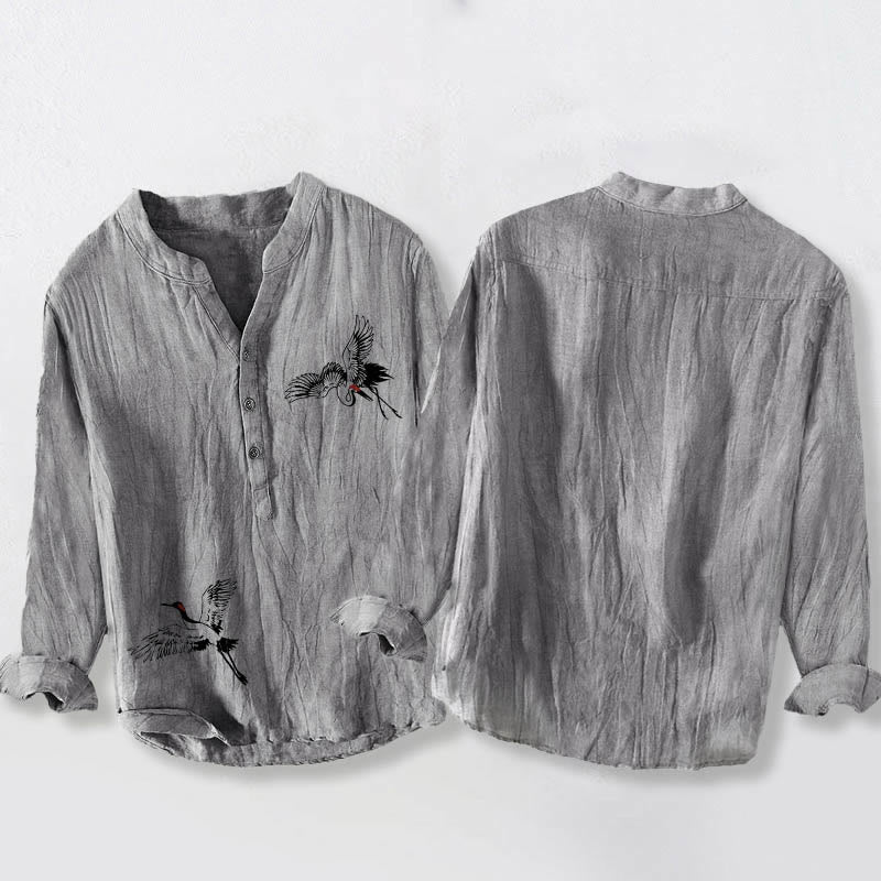 Buddha Stones Red-crowned Crane Pattern Half Buttons Men's Cotton Linen Long Sleeve Shirt - image 5