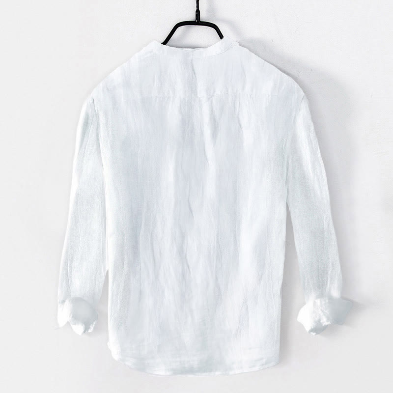 Buddha Stones Red-crowned Crane Pattern Half Buttons Men's Cotton Linen Long Sleeve Shirt - image 1