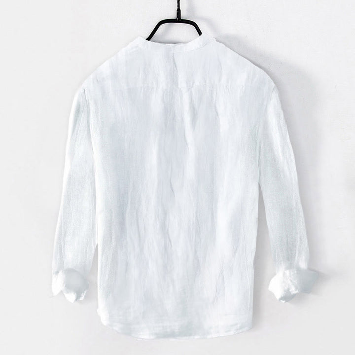 Buddha Stones Red-crowned Crane Pattern Half Buttons Men's Cotton Linen Long Sleeve Shirt - image 1