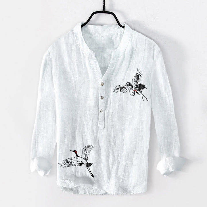 Buddha Stones Red-crowned Crane Pattern Half Buttons Men's Cotton Linen Long Sleeve Shirt - White - US/UK/AU50，EU60 (5XL) - image 0