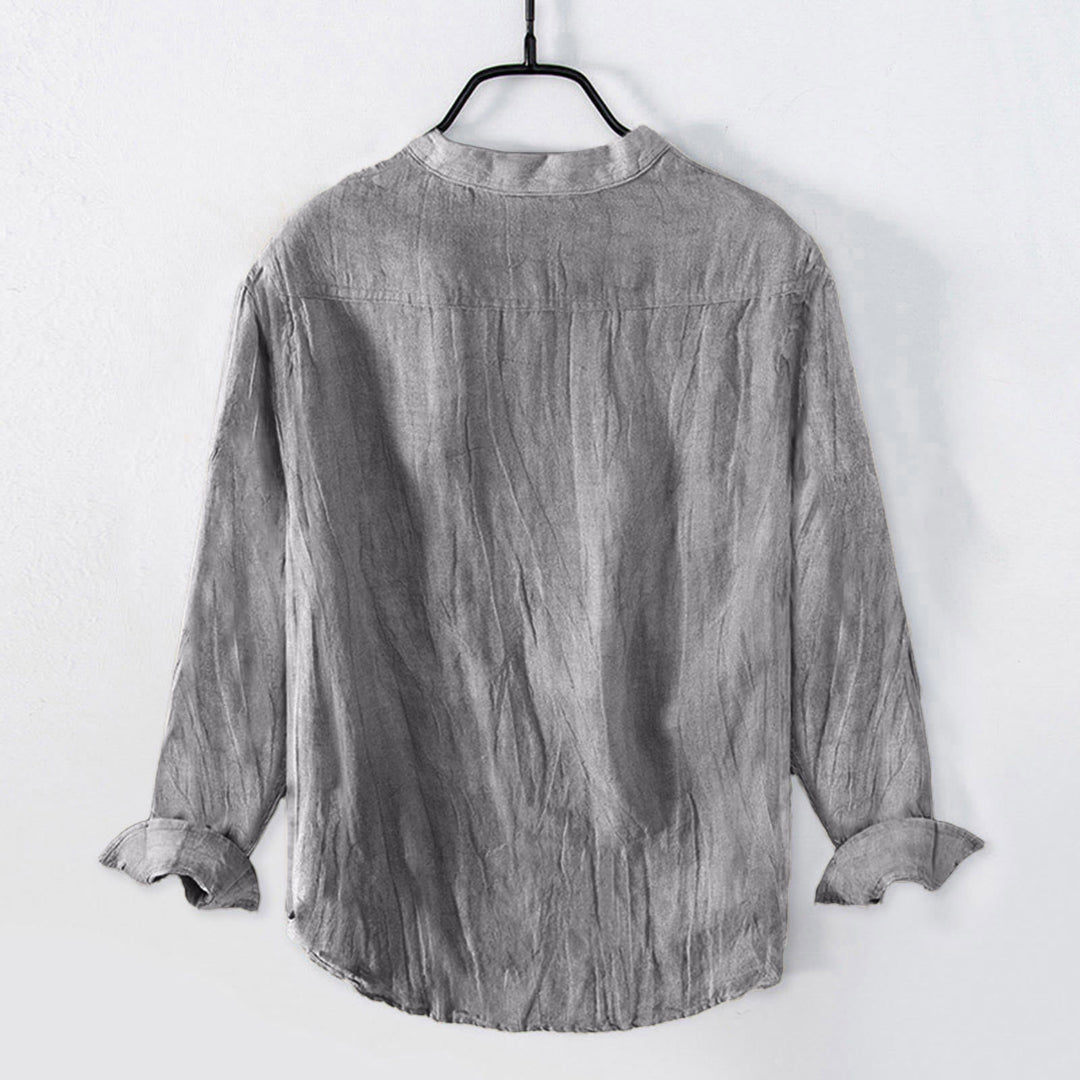 Buddha Stones Red-crowned Crane Clouds Pattern Half Buttons Men's Cotton Linen Long Sleeve Shirt - image 4