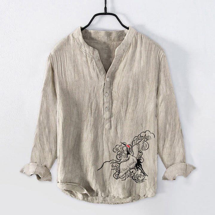 Buddha Stones Red-crowned Crane Clouds Pattern Half Buttons Men's Cotton Linen Long Sleeve Shirt - Linen - US/UK/AU50，EU60 (5XL) - image 0
