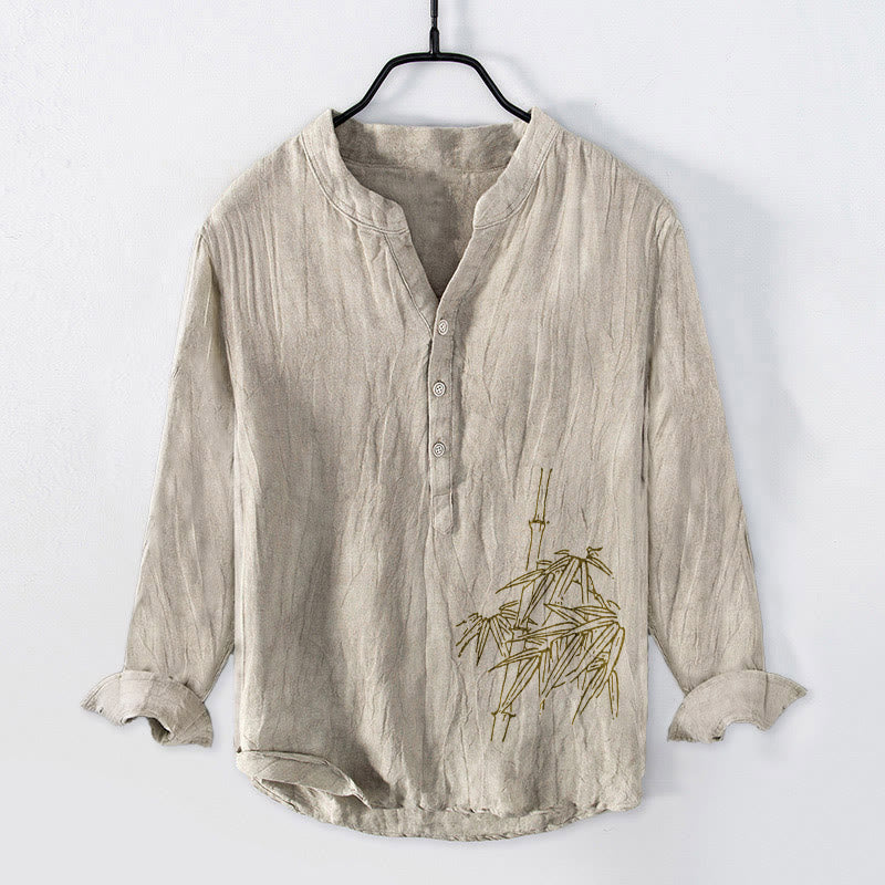 Buddha Stones Bamboo Leaves Pattern Half Buttons Men's Cotton Linen Long Sleeve Shirt - Linen - US/UK/AU50，EU60 (5XL) - image 6