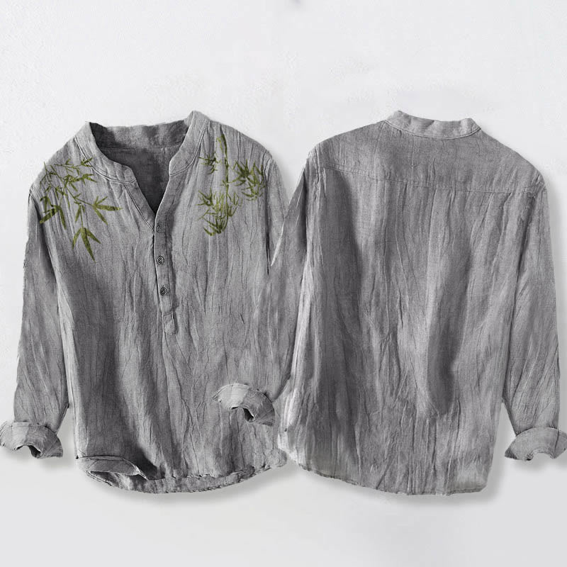Buddha Stones Green Bamboo Leaves Pattern Half Buttons Men's Cotton Linen Long Sleeve Shirt - image 5