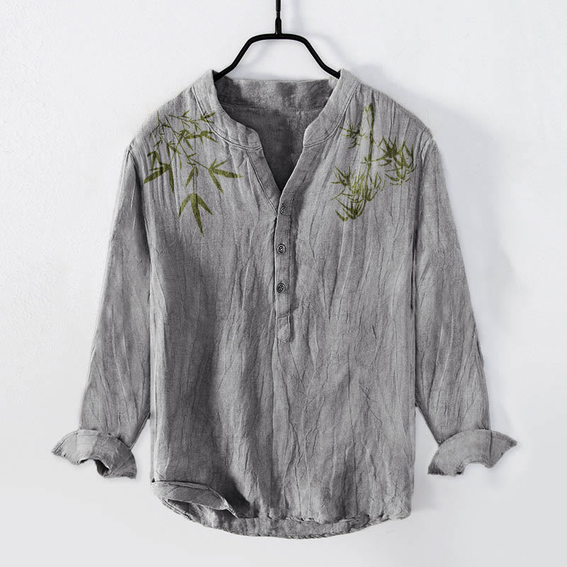 Buddha Stones Green Bamboo Leaves Pattern Half Buttons Men's Cotton Linen Long Sleeve Shirt - Gray - US/UK/AU50，EU60 (5XL) - image 3