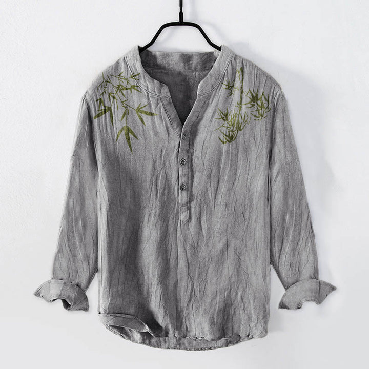 Buddha Stones Green Bamboo Leaves Pattern Half Buttons Men's Cotton Linen Long Sleeve Shirt - Gray - US/UK/AU50，EU60 (5XL) - image 3
