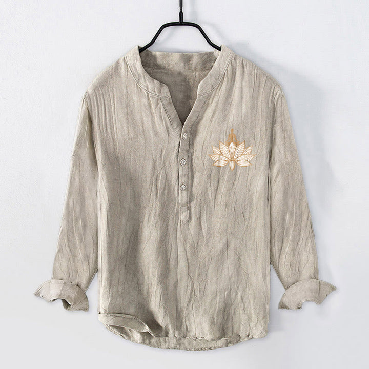 Buddha Stones Meditating Person Lotus Pattern Half Buttons Men's Cotton Linen Long Sleeve Shirt - image 4
