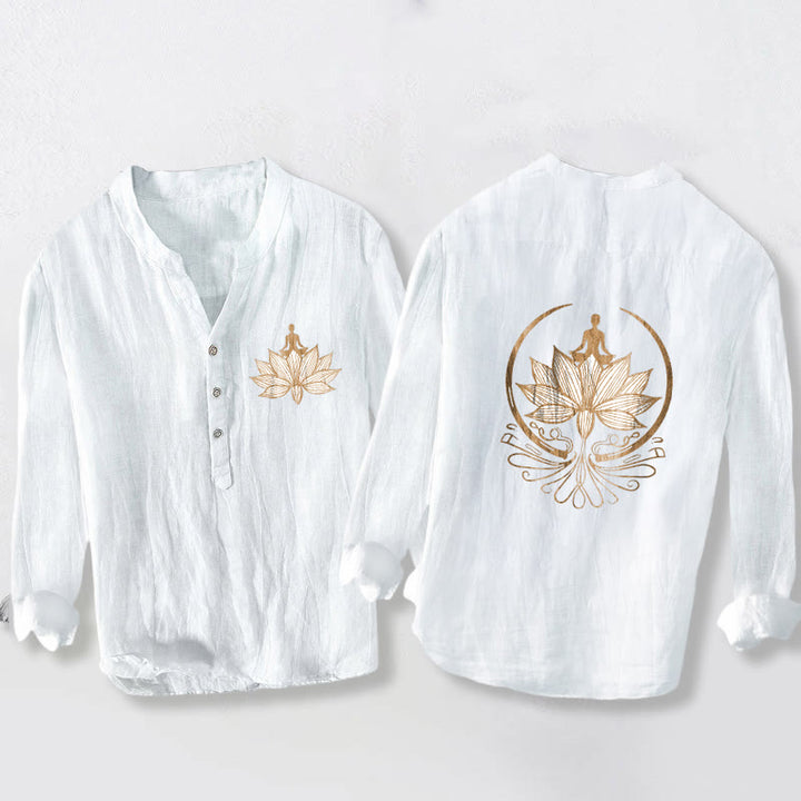 Buddha Stones Meditating Person Lotus Pattern Half Buttons Men's Cotton Linen Long Sleeve Shirt - White - US/UK/AU50，EU60 (5XL) - image 6
