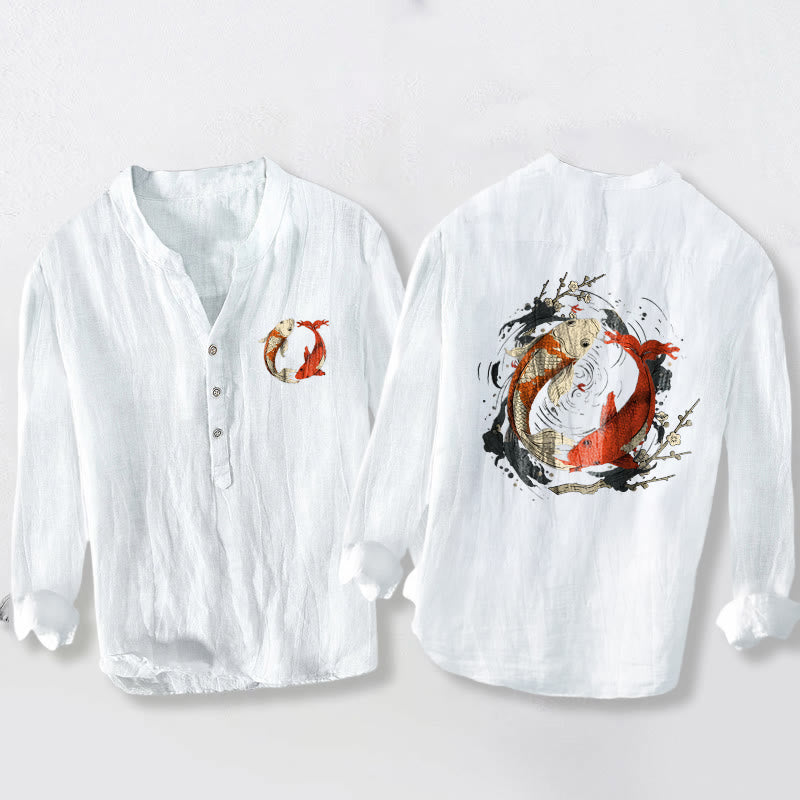 Buddha Stones Red White Koi Fish Yin Yang Pattern Half Buttons Men's Cotton Linen Long Sleeve Shirt - White - US/UK/AU50，EU60 (5XL) - image 6
