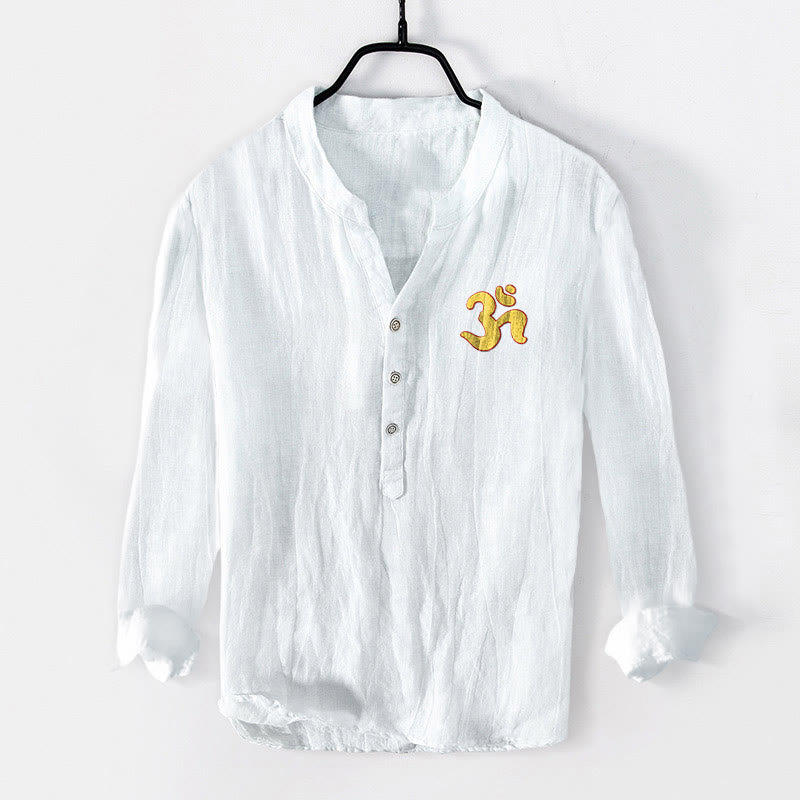Buddha Stones OM Symbol Mandala Pattern Half Buttons Men's Cotton Linen Long Sleeve Shirt - image 1